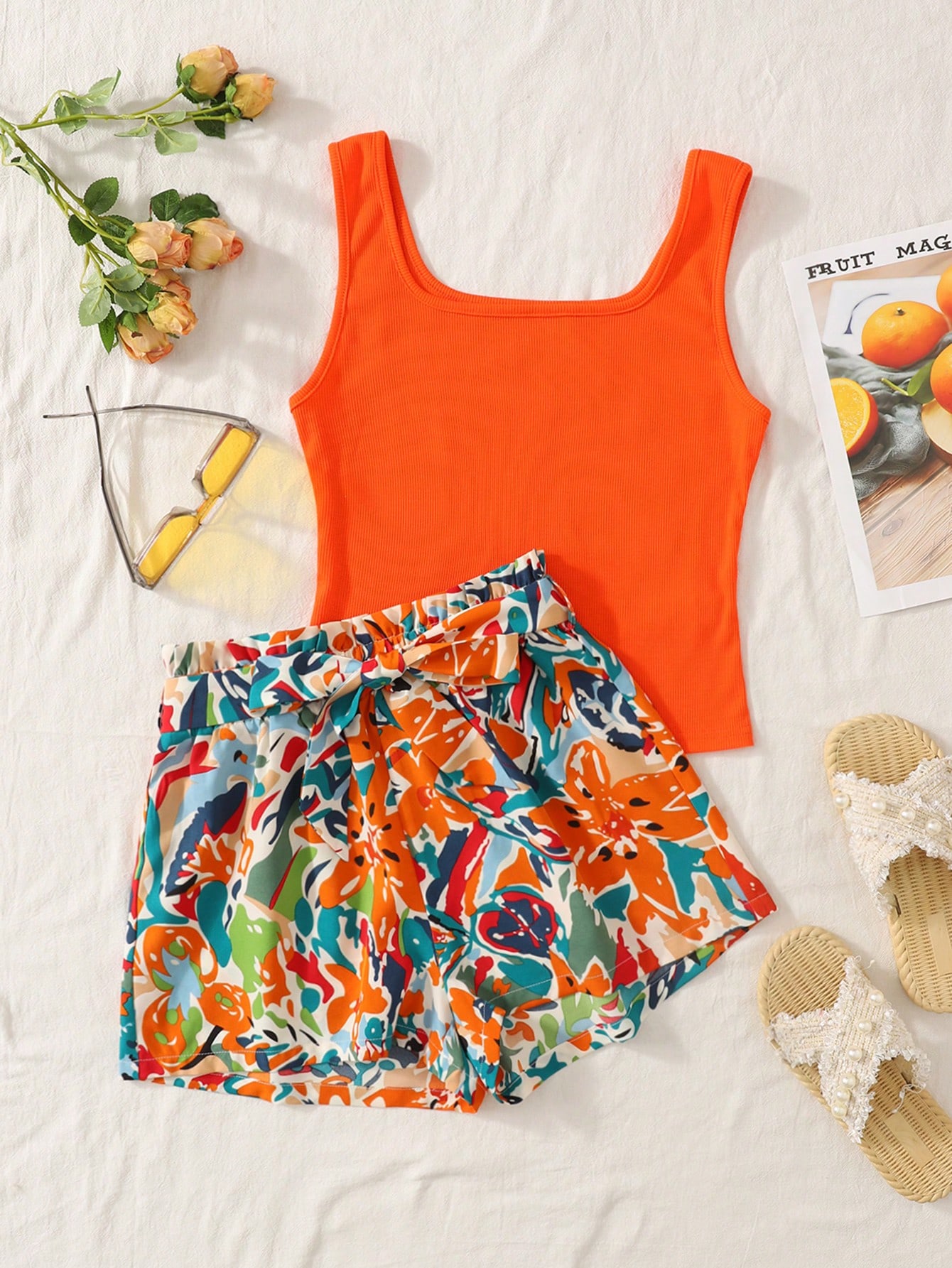 Tank Top Ribbed - Orange Ribbed Tank Top And Floral