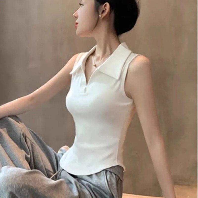 Women's White Sleeveless Polo  - Tank Top Ribbed บทวิจารณ์และราคา